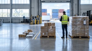 Warehouse staging lanes holding parcels, a carton pallet, and a large pallet load awaiting customs entry.
